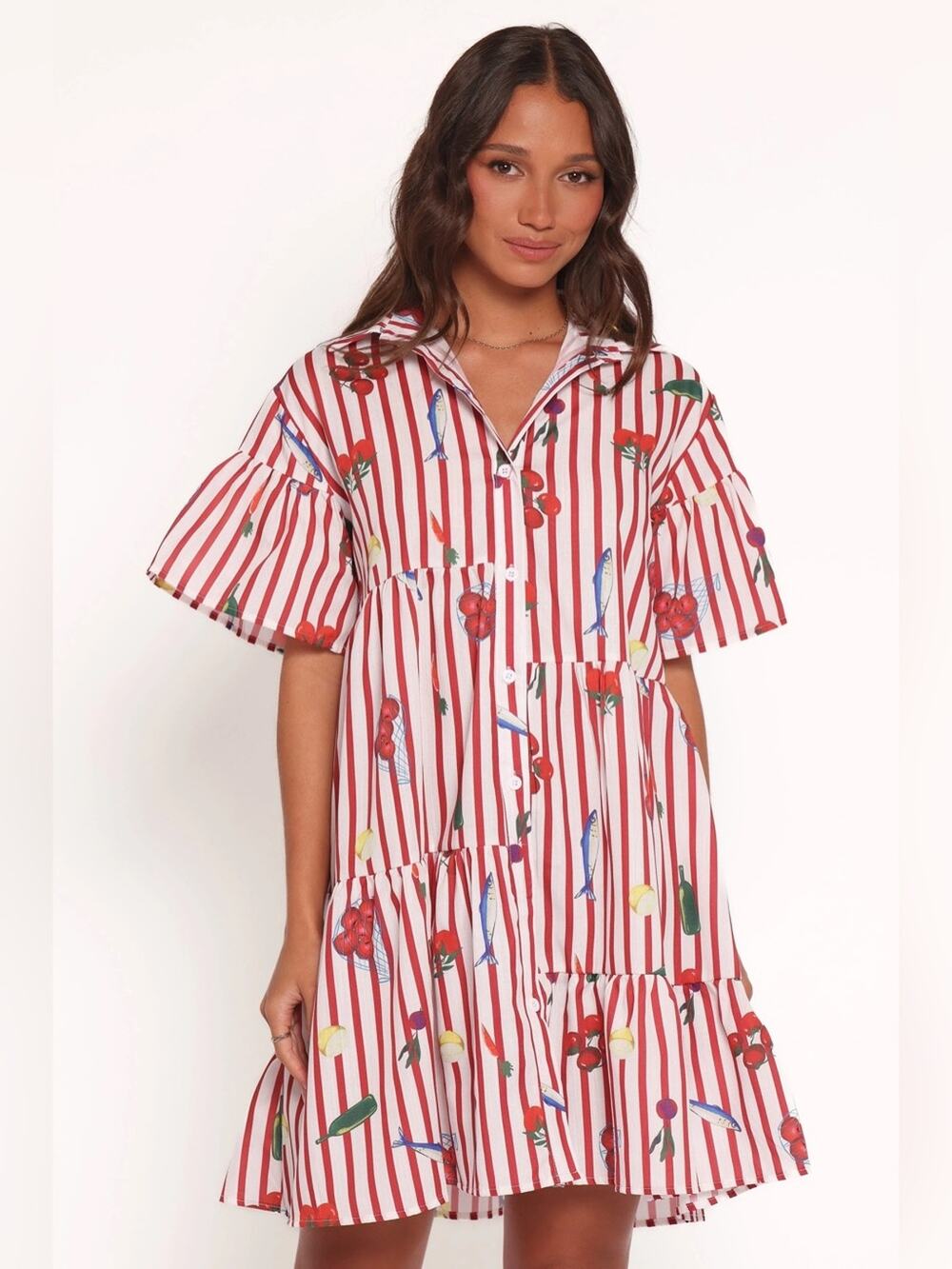 Petal & Pup Peachy Mini Dress in Red Picnic Stripe L